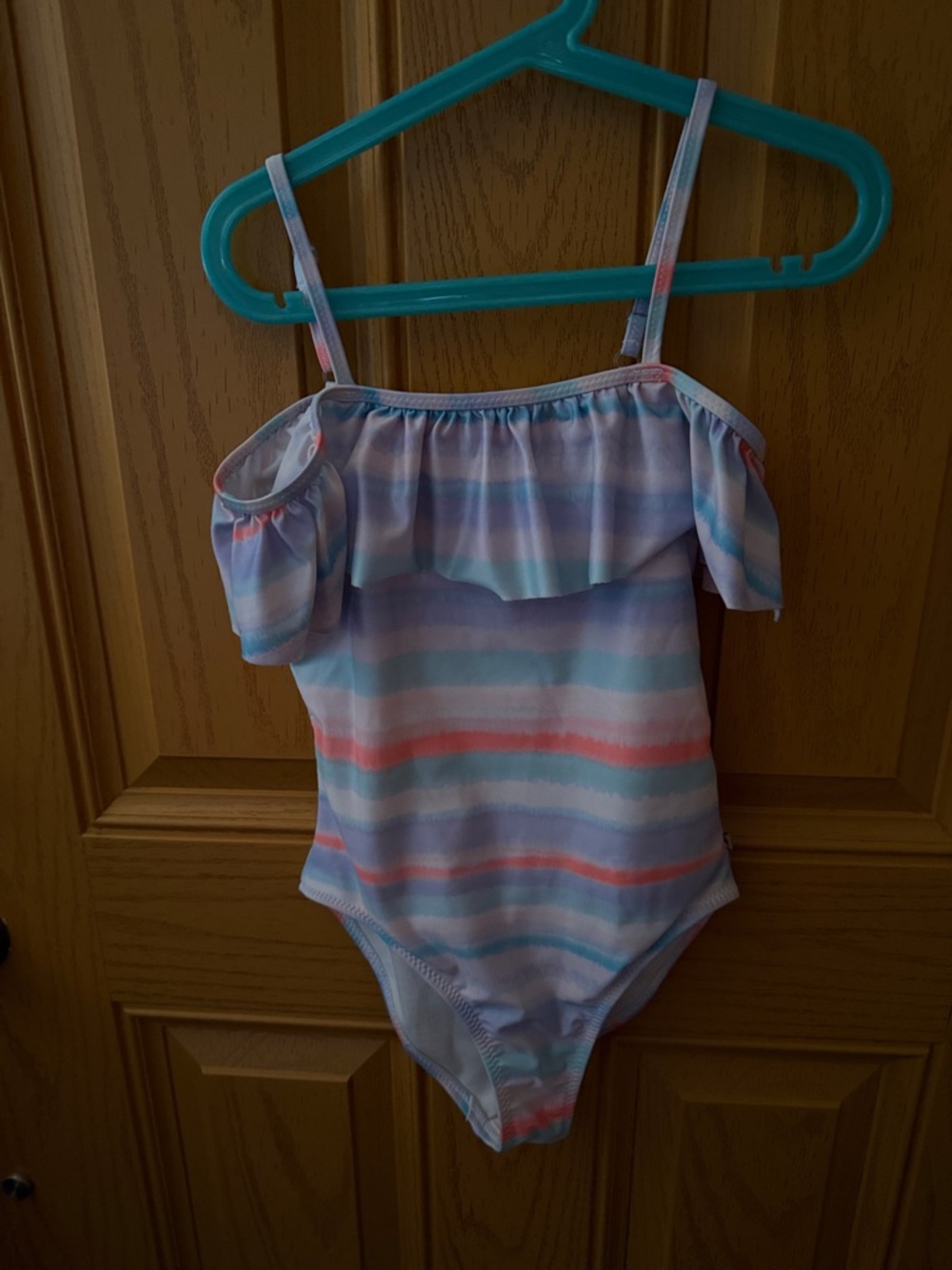 Girls Lucky Brand Pastel Stripe Ruffle One-Piece Swimsuit M 8/10